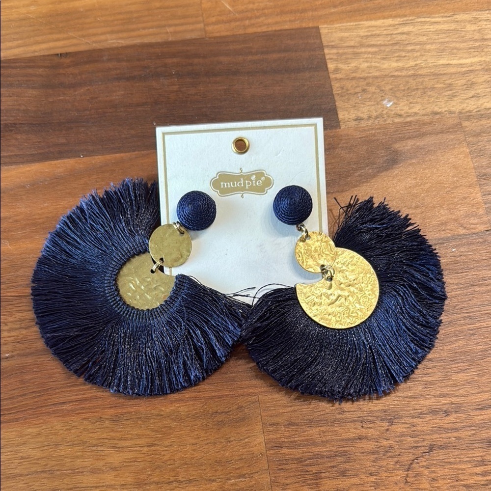 NWT Mud Pie Navy and Gold Hammered Tassel Earrings Fringe Half Circle Boho Funky
